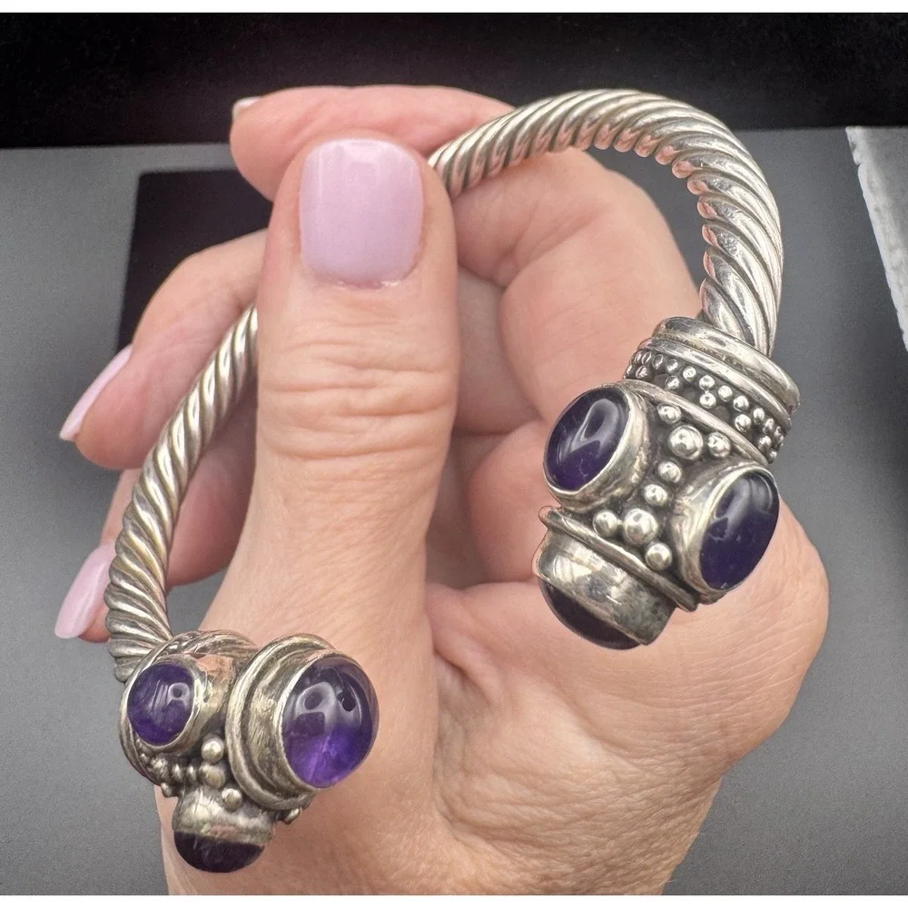 Bali Artisan-Style Sterling Silver Amethyst Twisted Cable Cuff Bracelet 61.15g